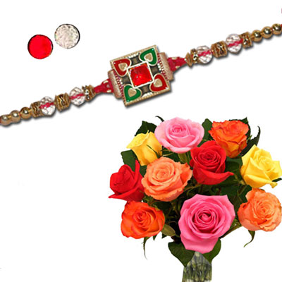 "Zardosi Rakhi - ZR-5210 A (Single Rakhi), 12 mixed roses flower bunch - Click here to View more details about this Product
